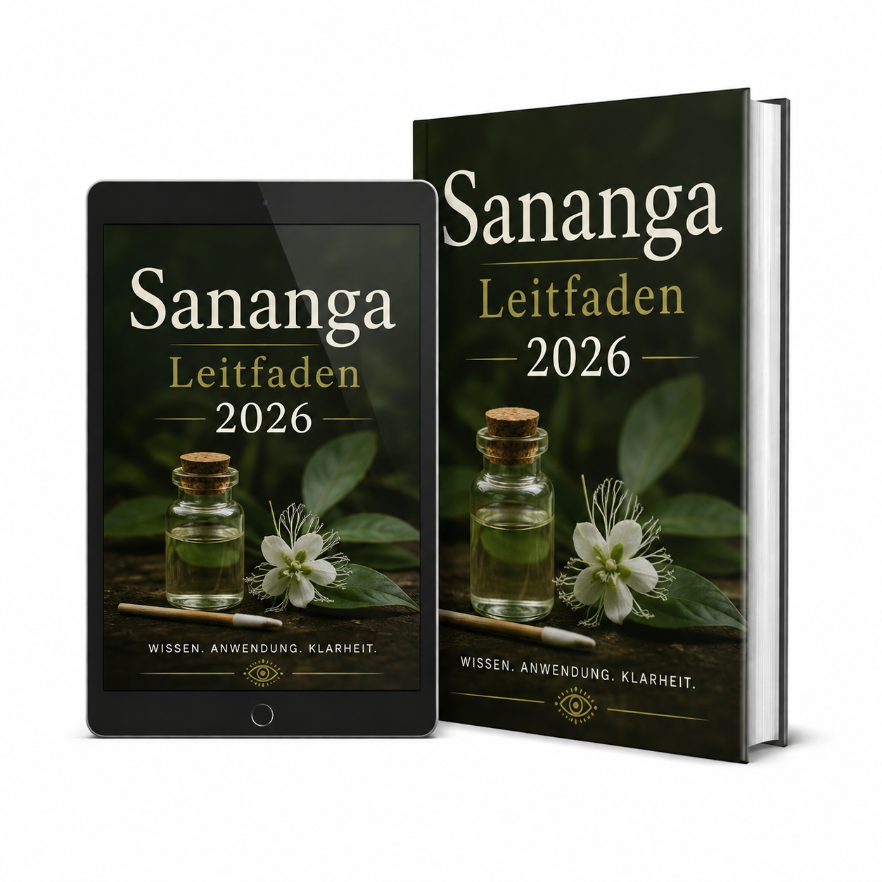Sananga Leitfaden 2026 – eBook und Buch-Cover mit Sananga Augentropfen, Pflanzenmotiv und Text Wissen, Anwendung, Klarheit