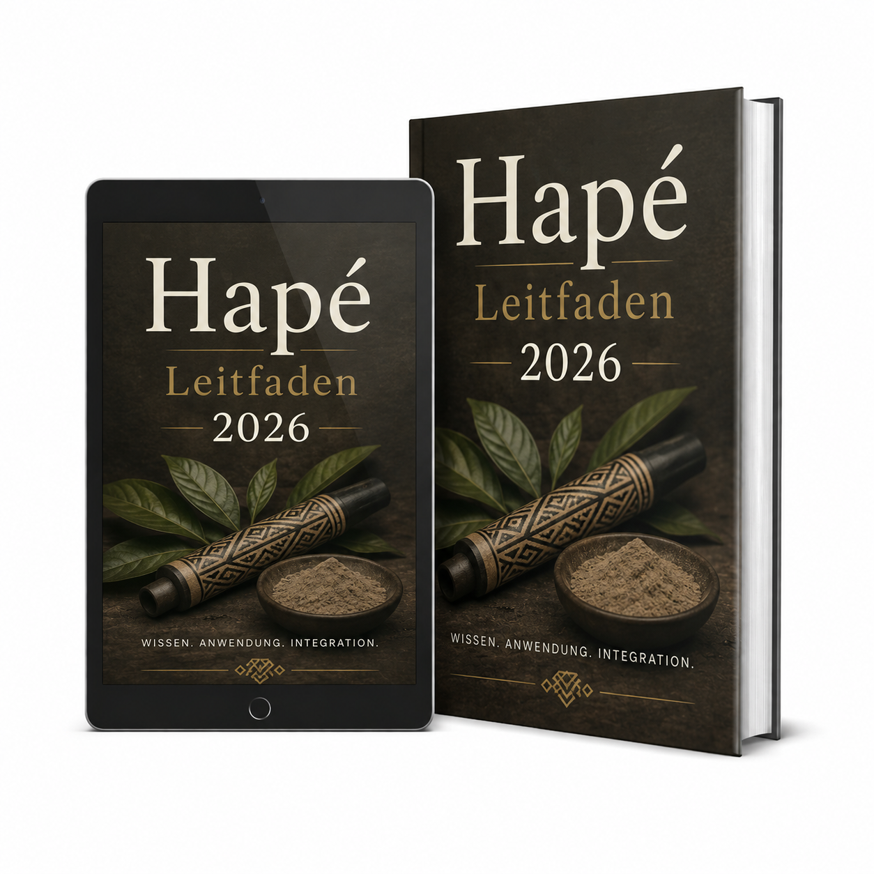 Hapé Leitfaden 2026 – eBook und Buch-Cover mit Rapé-Pulver, Kuripe und Tabakblättern. Wissen, Anwendung, Integration