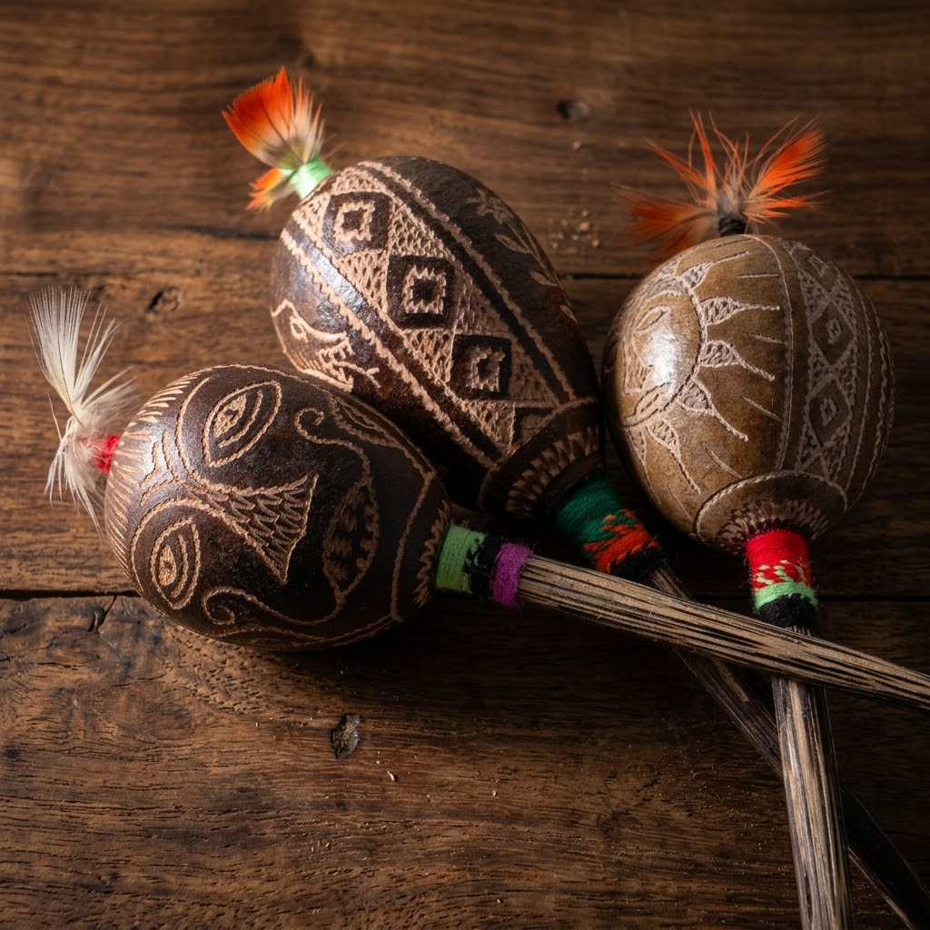 Drei handgefertigte schamanische Rasseln aus Peru mit gravierten Mustern, orangem Federschmuck und bunten Griffbändern auf Holzuntergrund